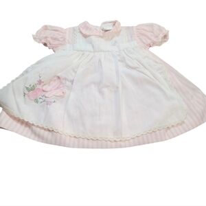 Vintage 80s 90s Nanette Pink Striped Apron Baby Girl Dress Embroidered Butterfly